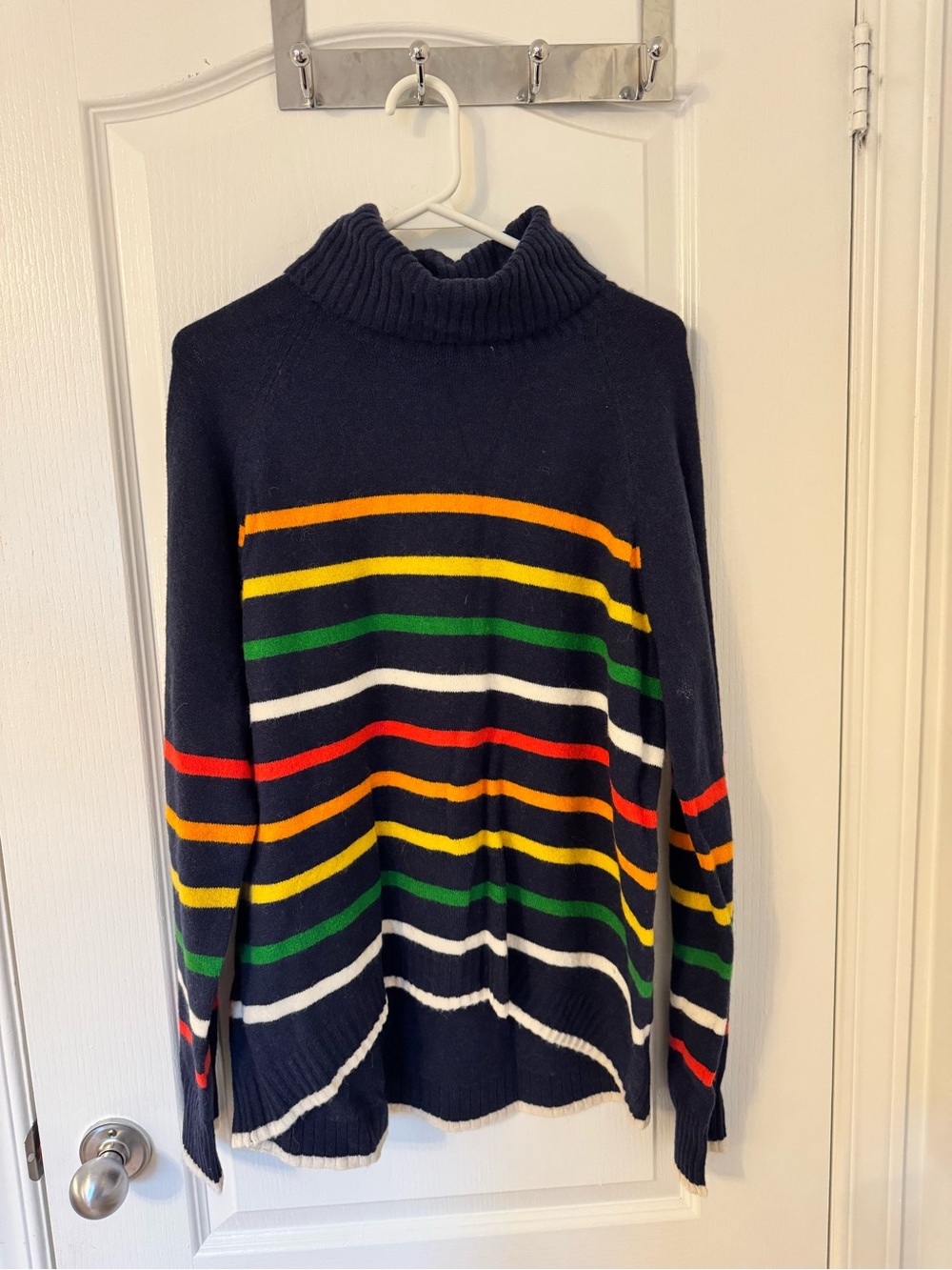 J. Crew Navy Turtleneck Sweater with Bright Multi-Stripes